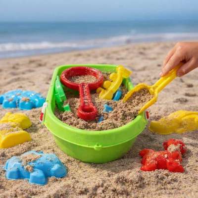 Boat with accessories moulds sand beach toys + water gun 12el.