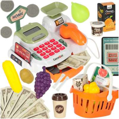 Cash register for children supermarket shop scanner calculator basket with accessories 36 el.