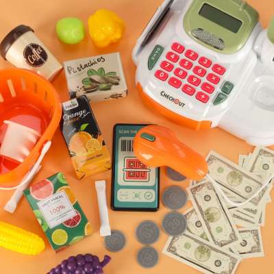Cash register for children supermarket shop scanner calculator basket with accessories 36 el.