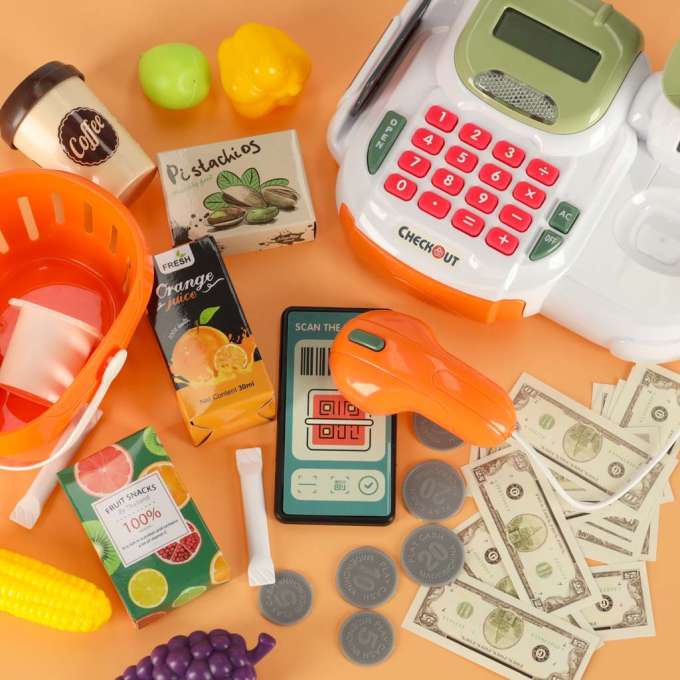 Cash register for children supermarket shop scanner calculator basket with accessories 36 el.