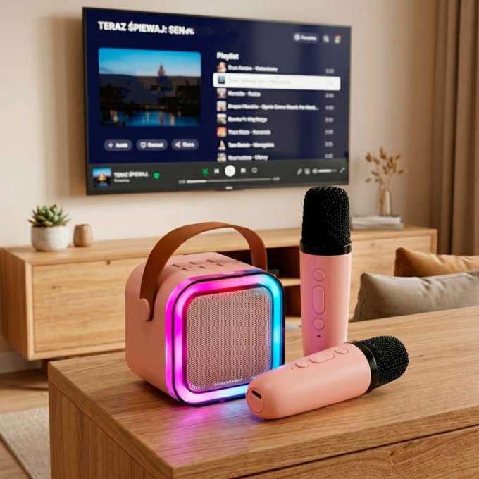 Karaoke set Bluetooth speaker microphone USB LED 6W pink
