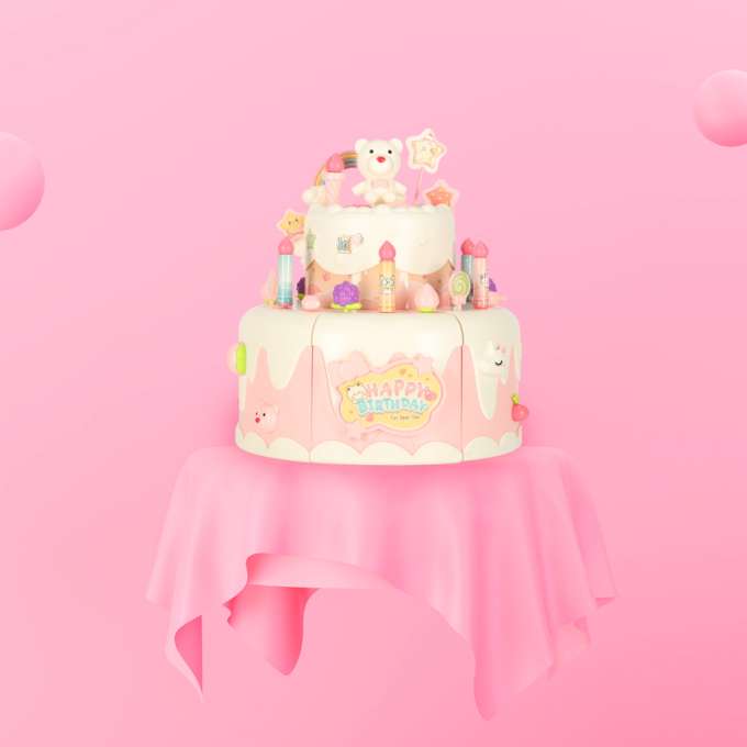 Birthday cake piled for cutting pink