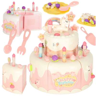 Birthday cake piled for cutting pink