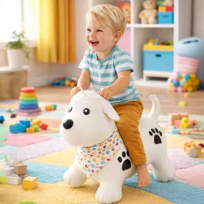 Children's jumping toy with a pump a rubber dog