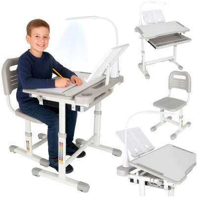 Children's school desk adjustable chair LED lamp USB grey