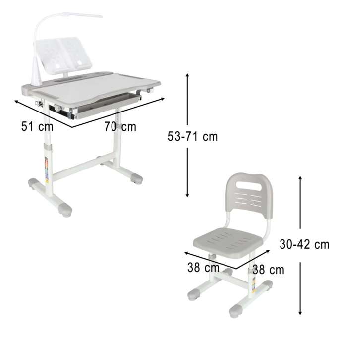 Children's school desk adjustable chair LED lamp USB grey
