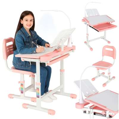 Children's school desk adjustable chair LED lamp USB pink