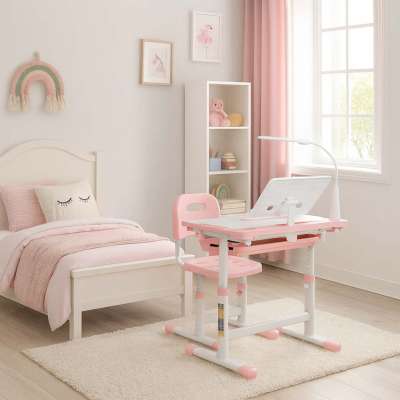 Children's school desk adjustable chair LED lamp USB pink