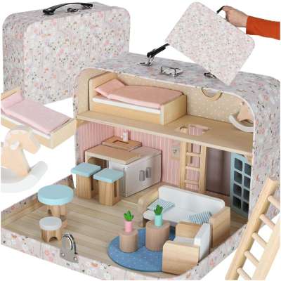 Dollhouse in a suitcase with accesories and wooden furniture