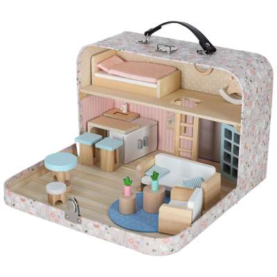 Dollhouse in a suitcase with accesories and wooden furniture