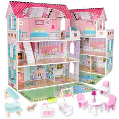 Domek dla lalek drewniany Lulilo Gardeno z ogródkiem mebelki 70cm różowy LED