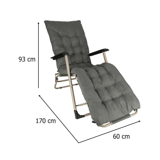 Garden folding lounger with cushion grey
