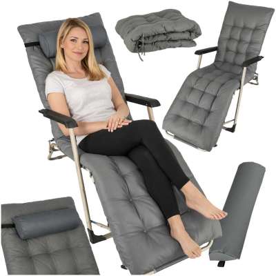 Garden folding lounger with cushion grey