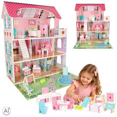 Lulilo Gardeno wooden doll house with garden furniture 70cm pink LED