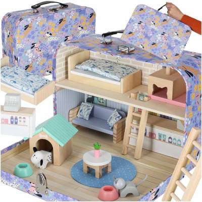 Pet hotel in a suitcase wooden furniture and figures