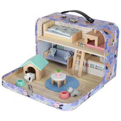 Pet hotel in a suitcase wooden furniture and figures