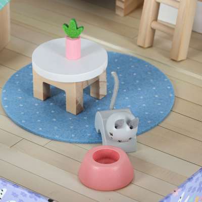 Pet hotel in a suitcase wooden furniture and figures