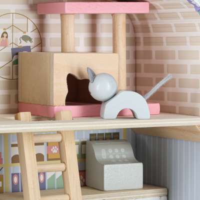 Pet hotel in a suitcase wooden furniture and figures