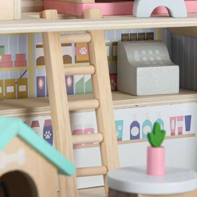 Pet hotel in a suitcase wooden furniture and figures