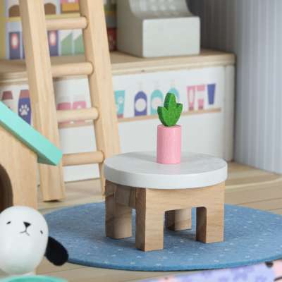 Pet hotel in a suitcase wooden furniture and figures