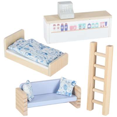 Pet hotel in a suitcase wooden furniture and figures