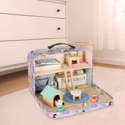 Pet hotel in a suitcase wooden furniture and figures
