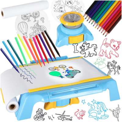 Projector projector drawing table cards markers crayons blue