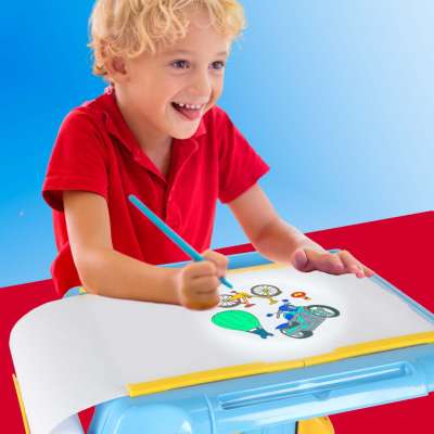 Projector projector drawing table cards markers crayons blue
