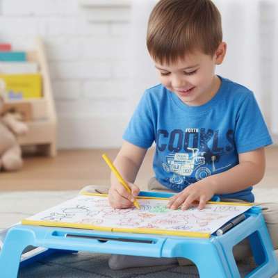 Projector projector drawing table cards markers crayons blue