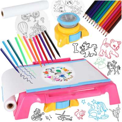 Projector projector drawing table cards markers crayons pink
