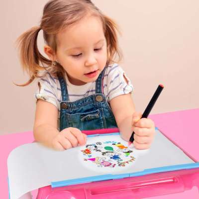 Projector projector drawing table cards markers crayons pink