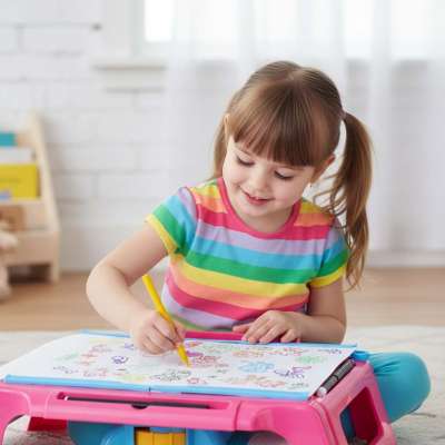 Projector projector drawing table cards markers crayons pink