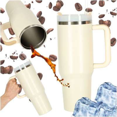 Thermal mug with handle thermos 1200ml cream