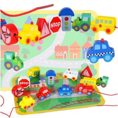 Wooden blocks for threading board board cars vehicles