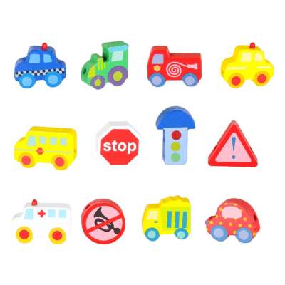 Wooden blocks for threading board board cars vehicles