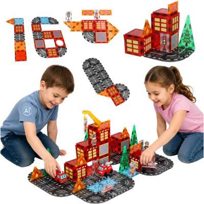 3D magnetic construction blocks fire department 2 cars 92 elements