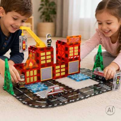 3D magnetic construction blocks fire department 48 elements