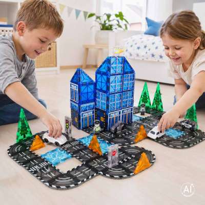 3D magnetic construction blocks police police cars 91 elements