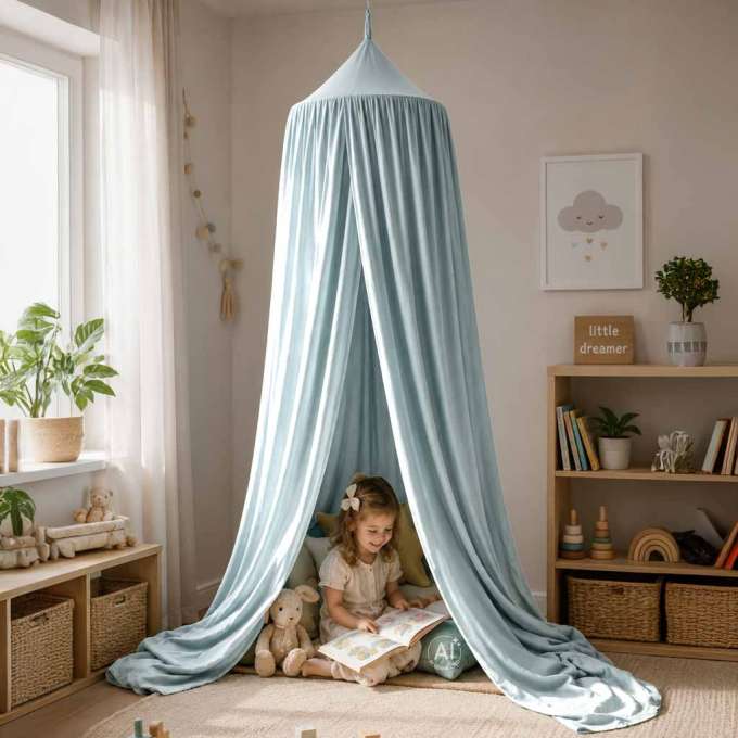 Baby canopy over crib curtain tent tipi hanging blue