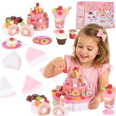 Birthday cake three tier velcro cutting cake music light 117 pieces pink