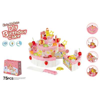 Birthday cake three tier velcro cutting cake music light 75 pieces pink