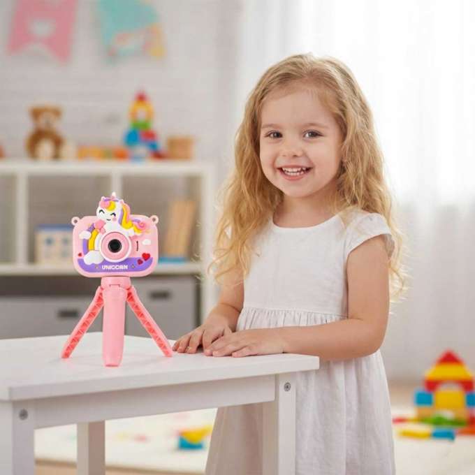 Digital camera for kids on tripod unicorn pink