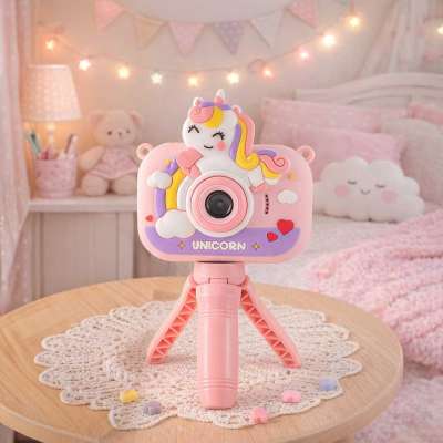 Digital camera for kids on tripod unicorn pink