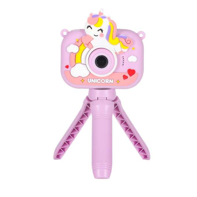 Digital camera for kids on tripod unicorn purple