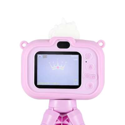 Digital camera for kids on tripod unicorn purple
