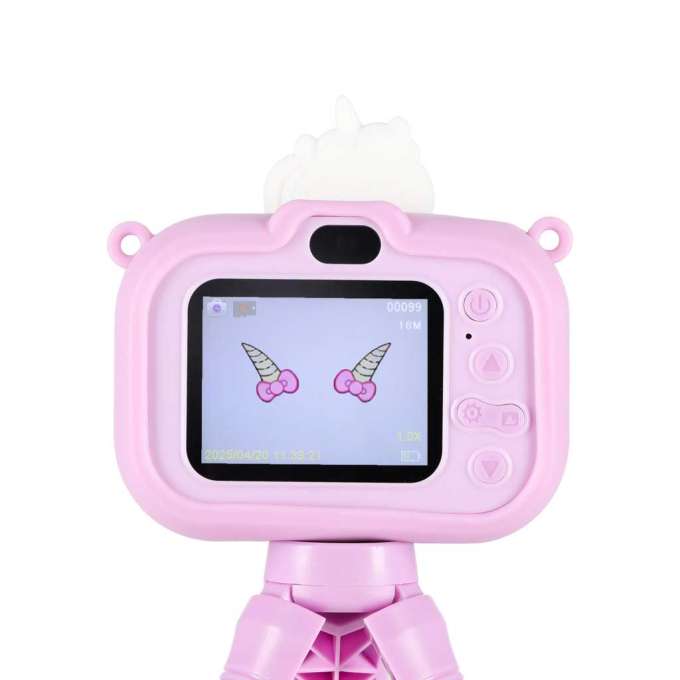 Digital camera for kids on tripod unicorn purple
