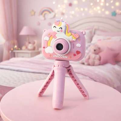 Digital camera for kids on tripod unicorn purple
