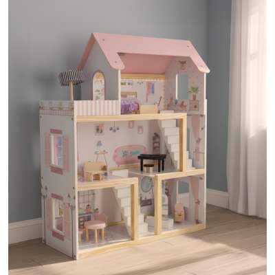 Domek dla lalek drewniany mebelki 80cm róż LED
