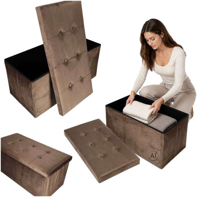Foldable velour ottoman with under-seat storage 76x38x38 cm brown