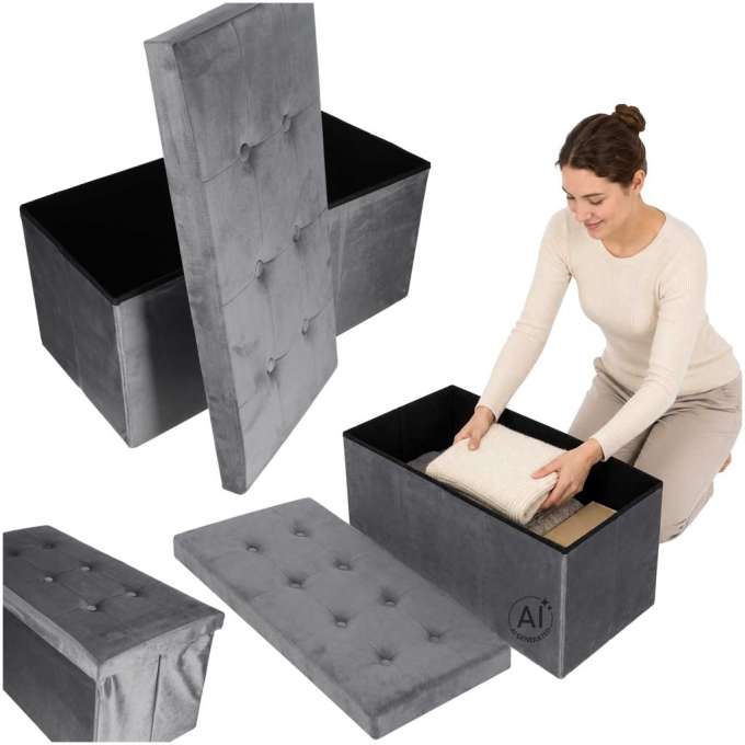 Foldable velour ottoman with under-seat storage 76x38x38 cm gray